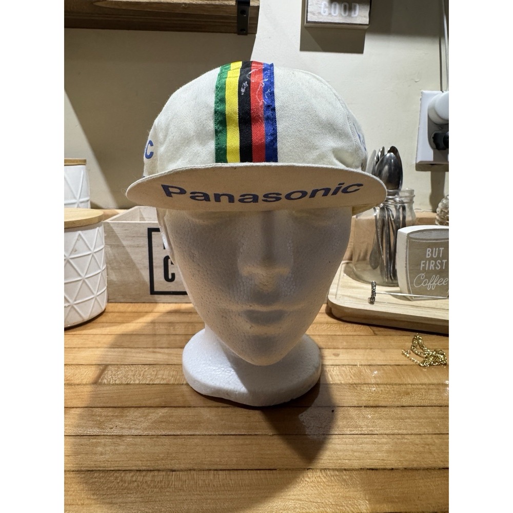 PANASONIC BICYCLES Hat Cap Stretch BAck Cotton Cycling Cloth Visor‎ Brim Vtg 80s